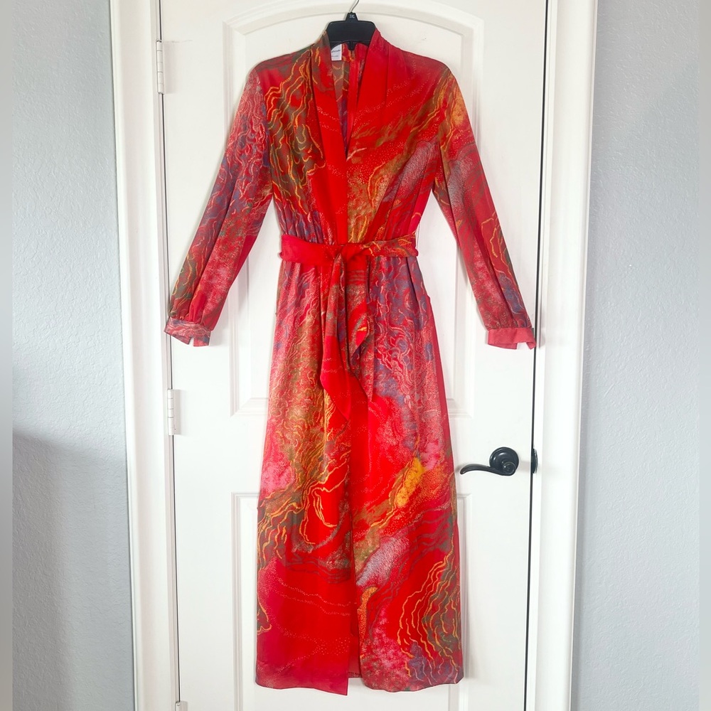 VTG 70s Herman Marcus Chiffon Maxi Dress Psychedelic Floral Red Boho Gown